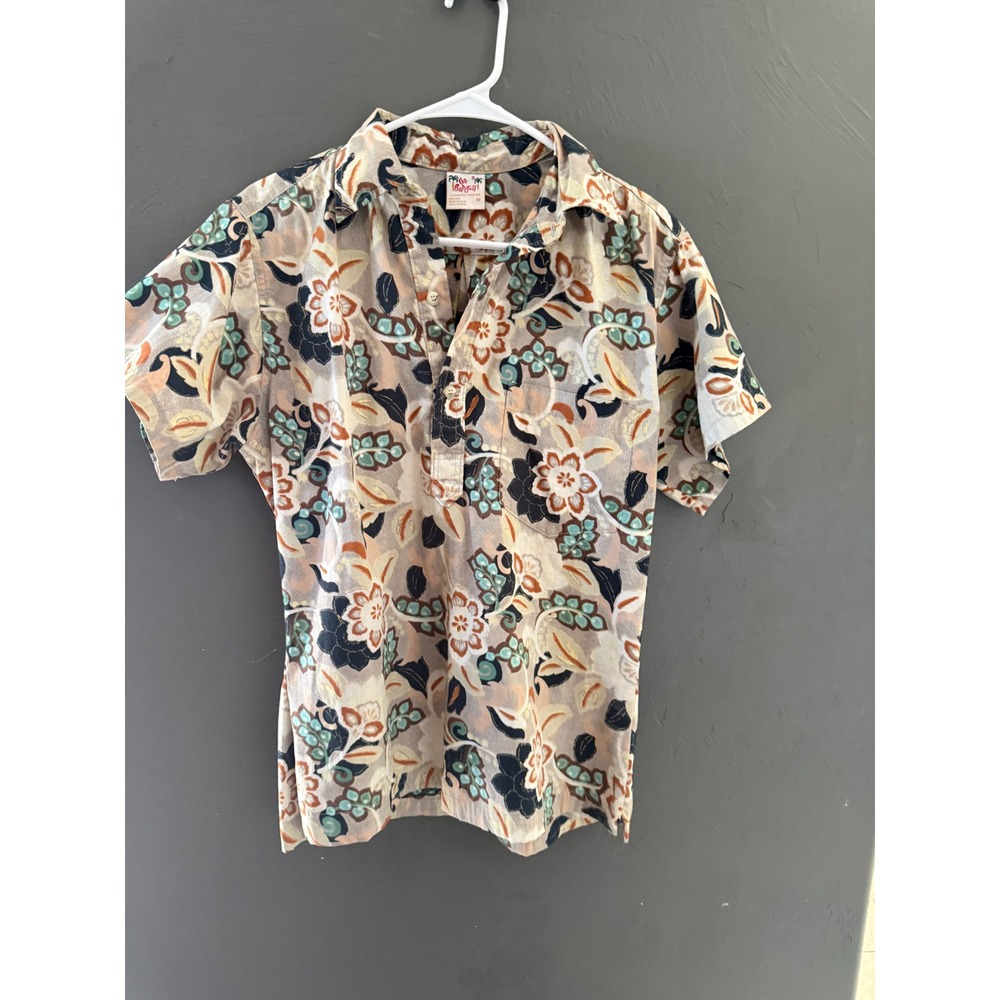 Go Barefoot Mens Vintage Floral Paisley Hawaiian Popover Shirt Cotton Made USA M
